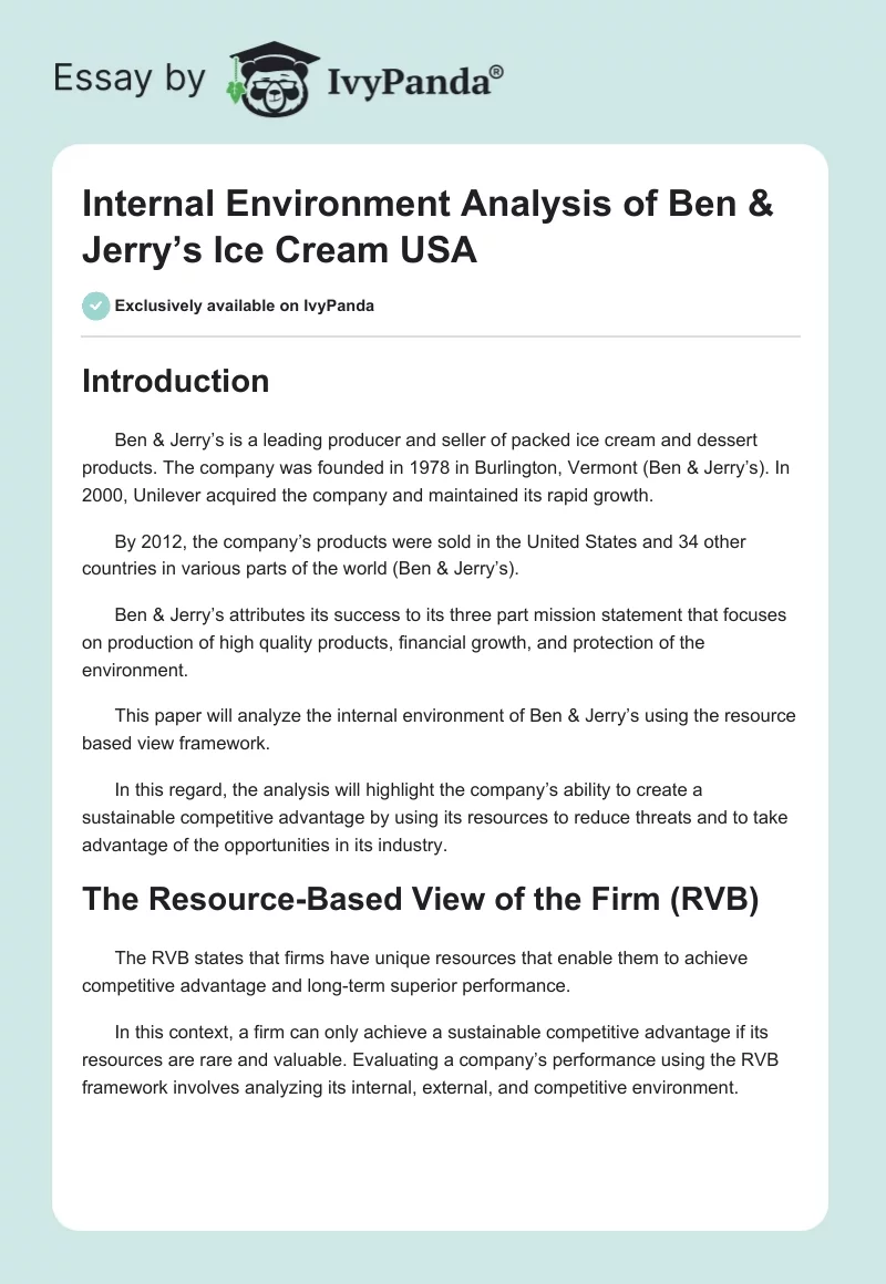 Internal Environment Analysis of Ben & Jerry’s Ice Cream USA. Page 1
