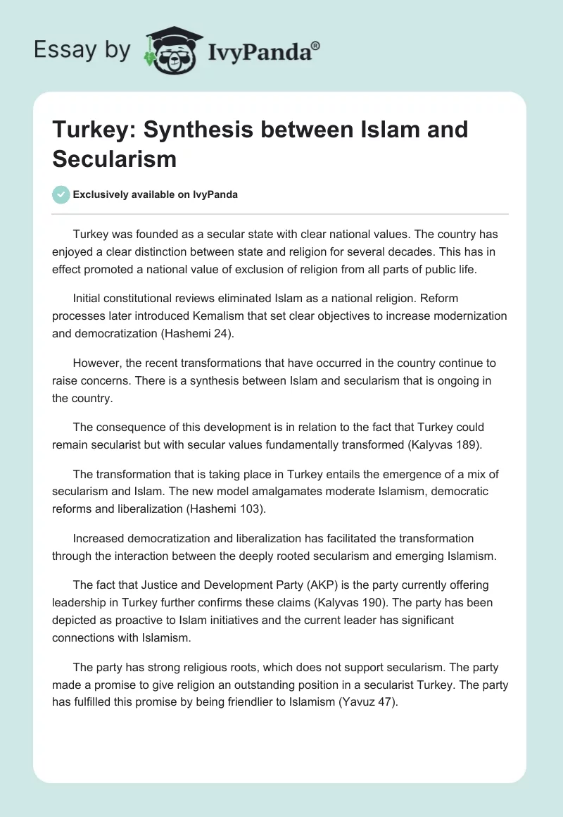Turkey: Synthesis between Islam and Secularism. Page 1