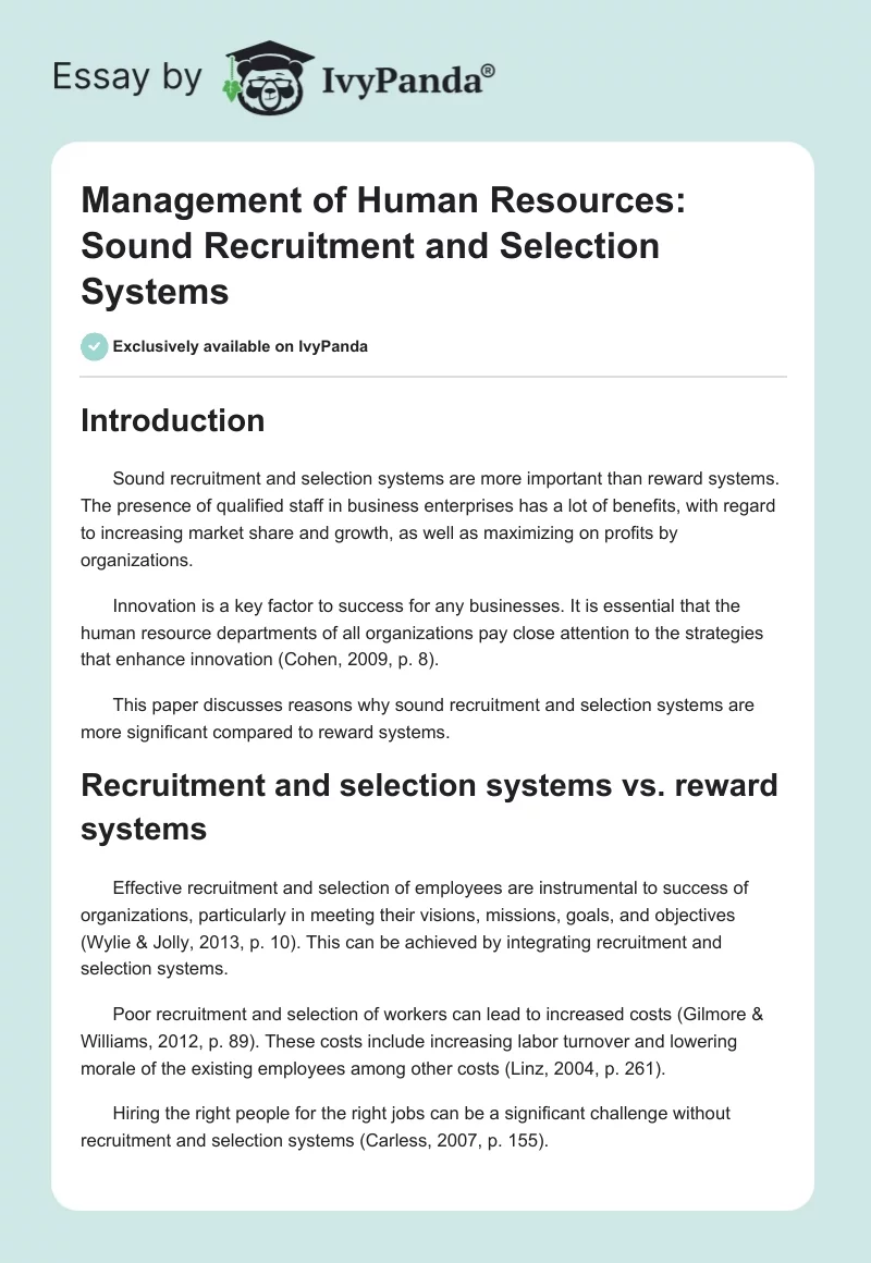 Management of Human Resources: Sound Recruitment and Selection Systems. Page 1