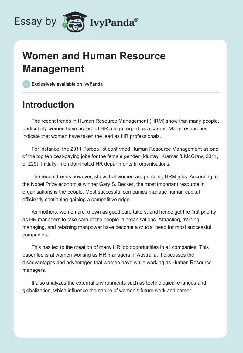 Women and Human Resource Management. Page 1