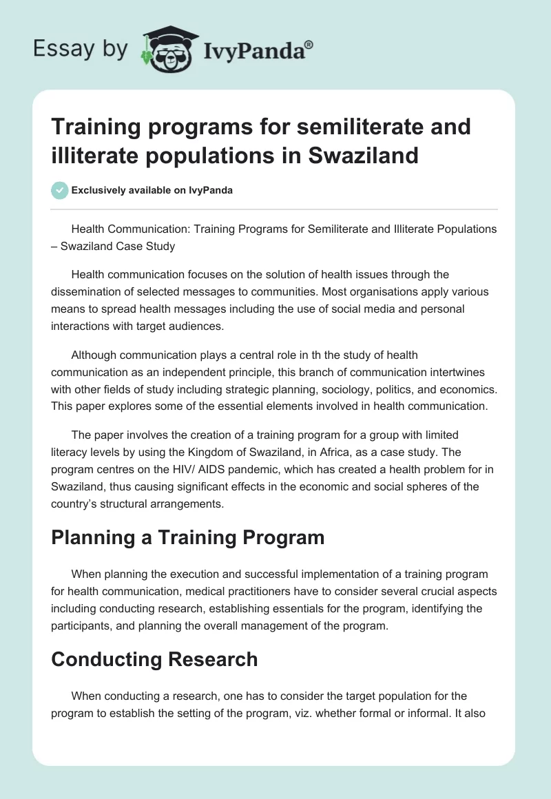 Training programs for semiliterate and illiterate populations in Swaziland. Page 1