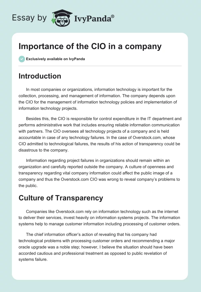 Importance of the CIO in a company. Page 1