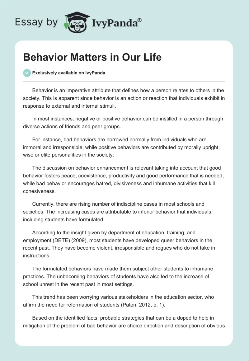 Behavior Matters in Our Life. Page 1