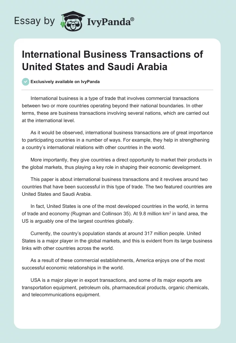 International Business Transactions of United States and Saudi Arabia. Page 1