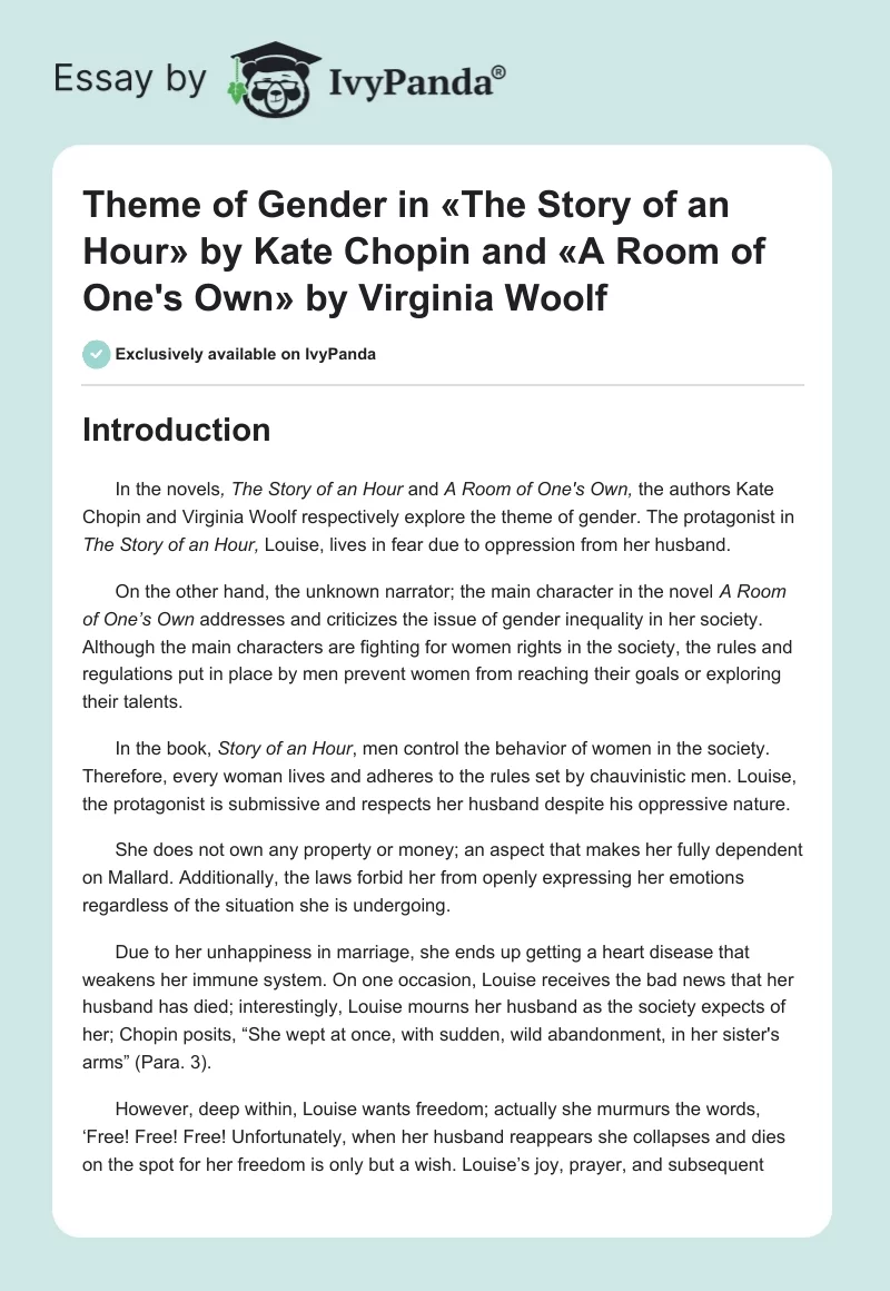 Theme of Gender in «The Story of an Hour» by Kate Chopin and «A Room of One's Own» by Virginia Woolf. Page 1