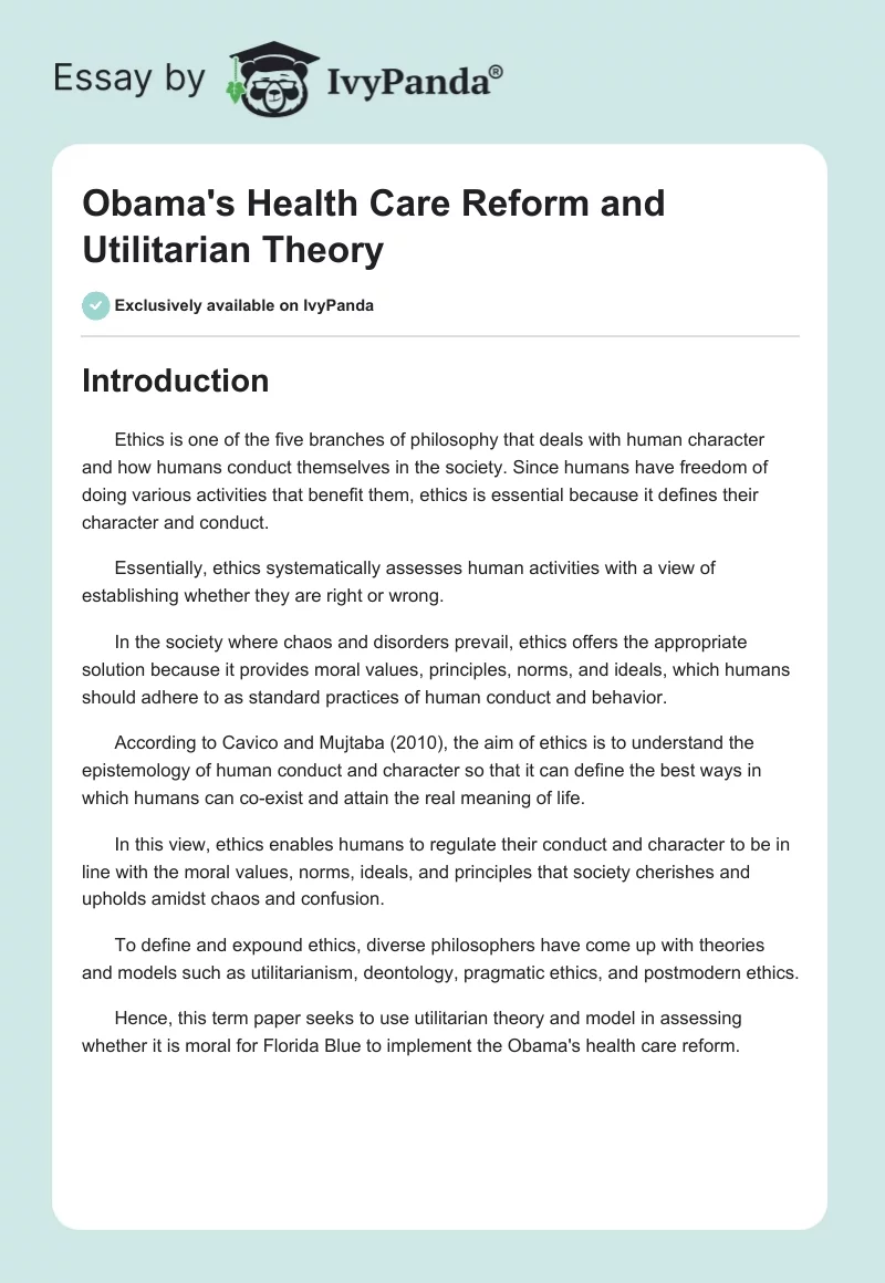 Obama's Health Care Reform and Utilitarian Theory. Page 1