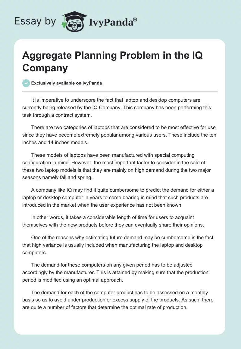 Aggregate Planning Problem in the IQ Company. Page 1