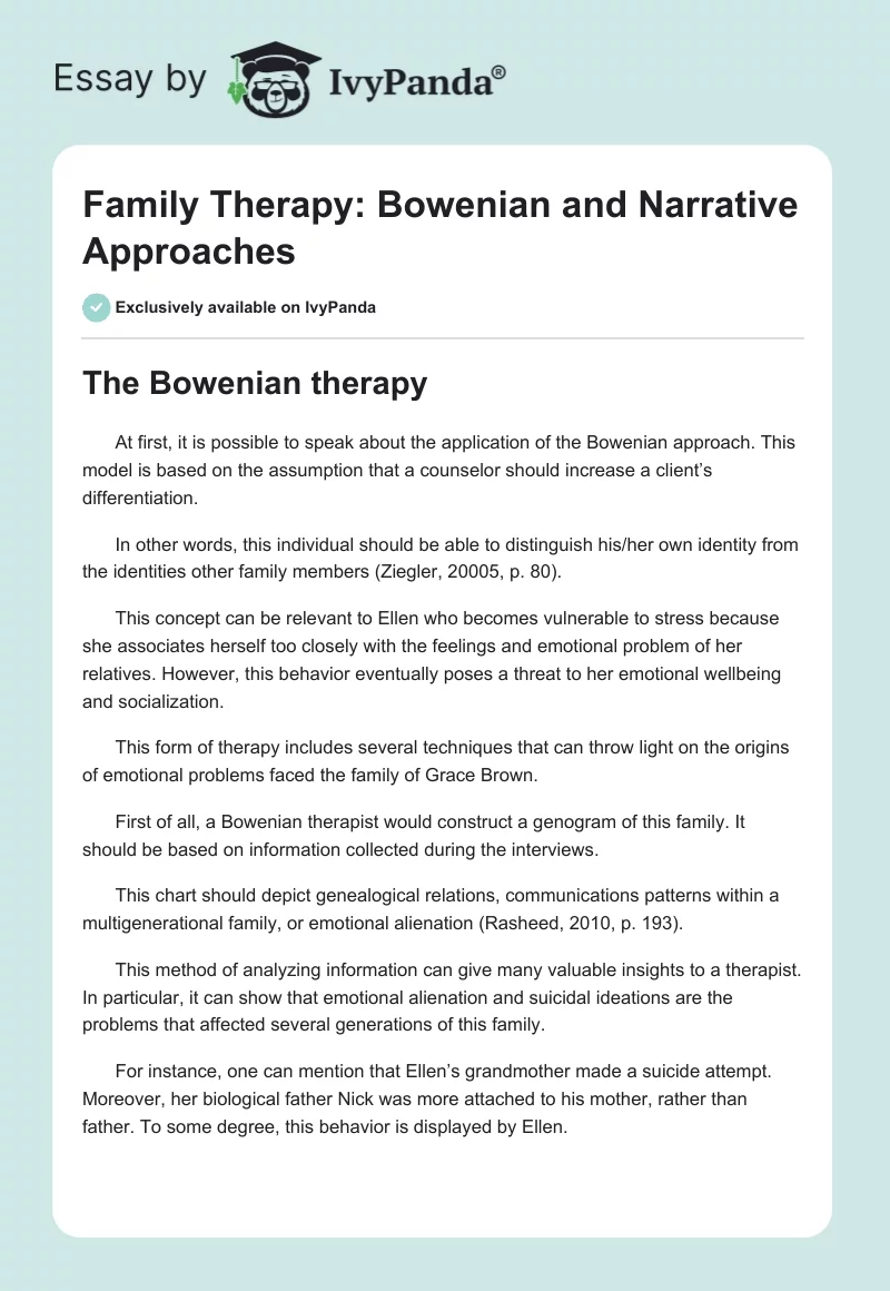 Family Therapy: Bowenian and Narrative Approaches. Page 1