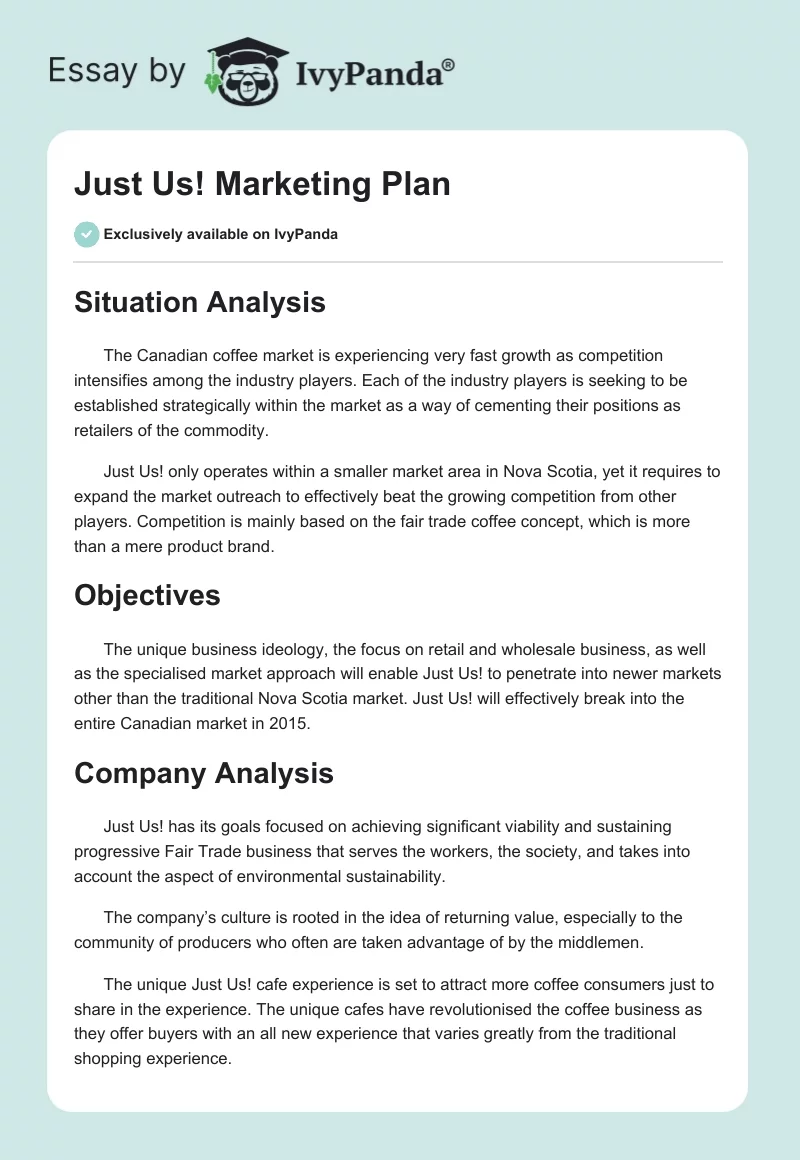 Just Us! Marketing Plan. Page 1
