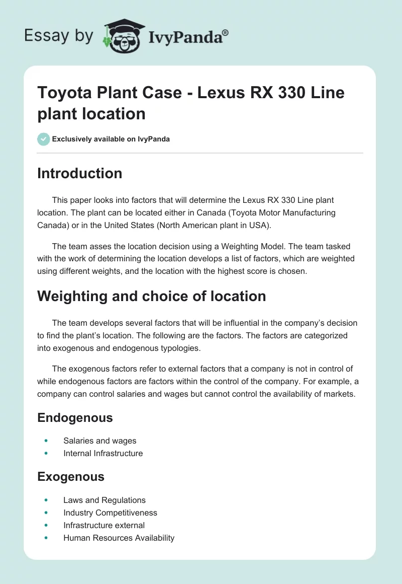 Toyota Plant Case - Lexus RX 330 Line Plant Location. Page 1
