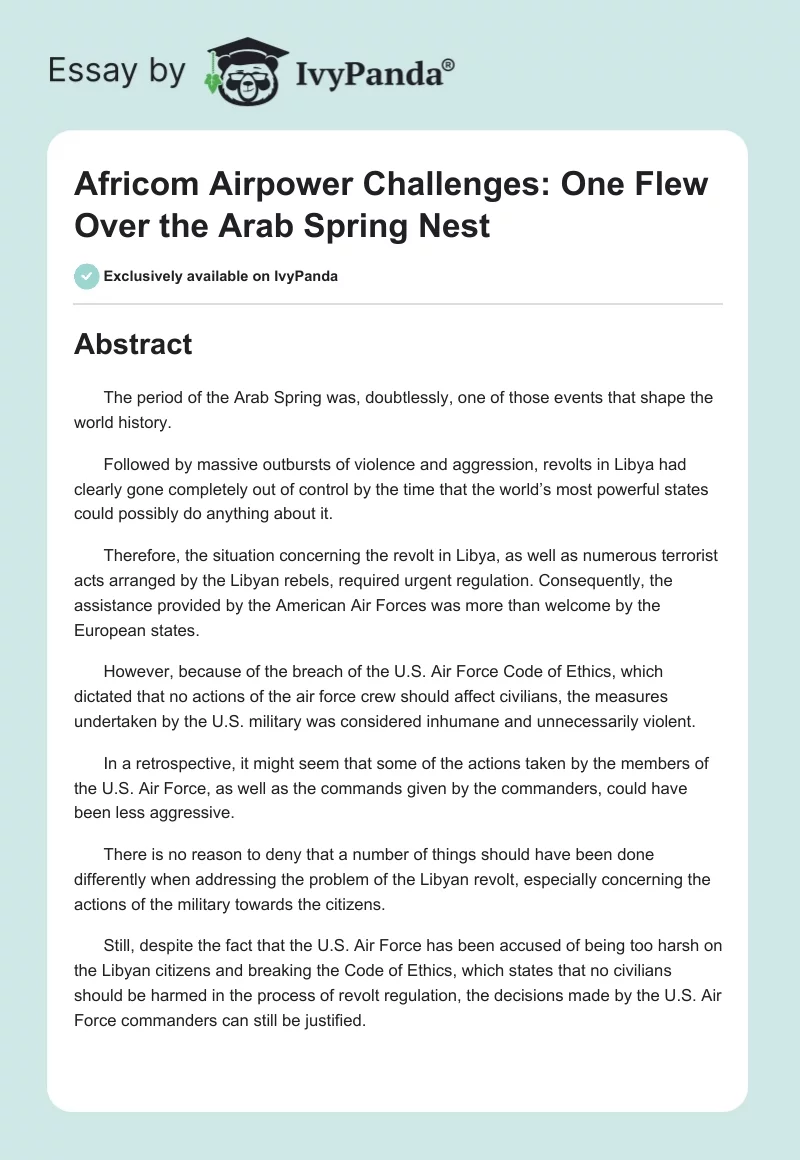 Africom Airpower Challenges: One Flew Over the Arab Spring Nest. Page 1