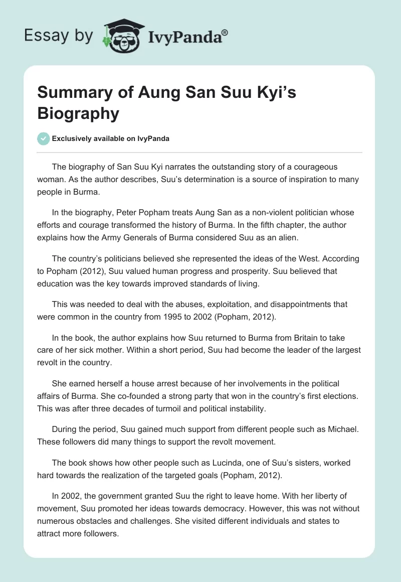 Summary of Aung San Suu Kyi’s Biography. Page 1