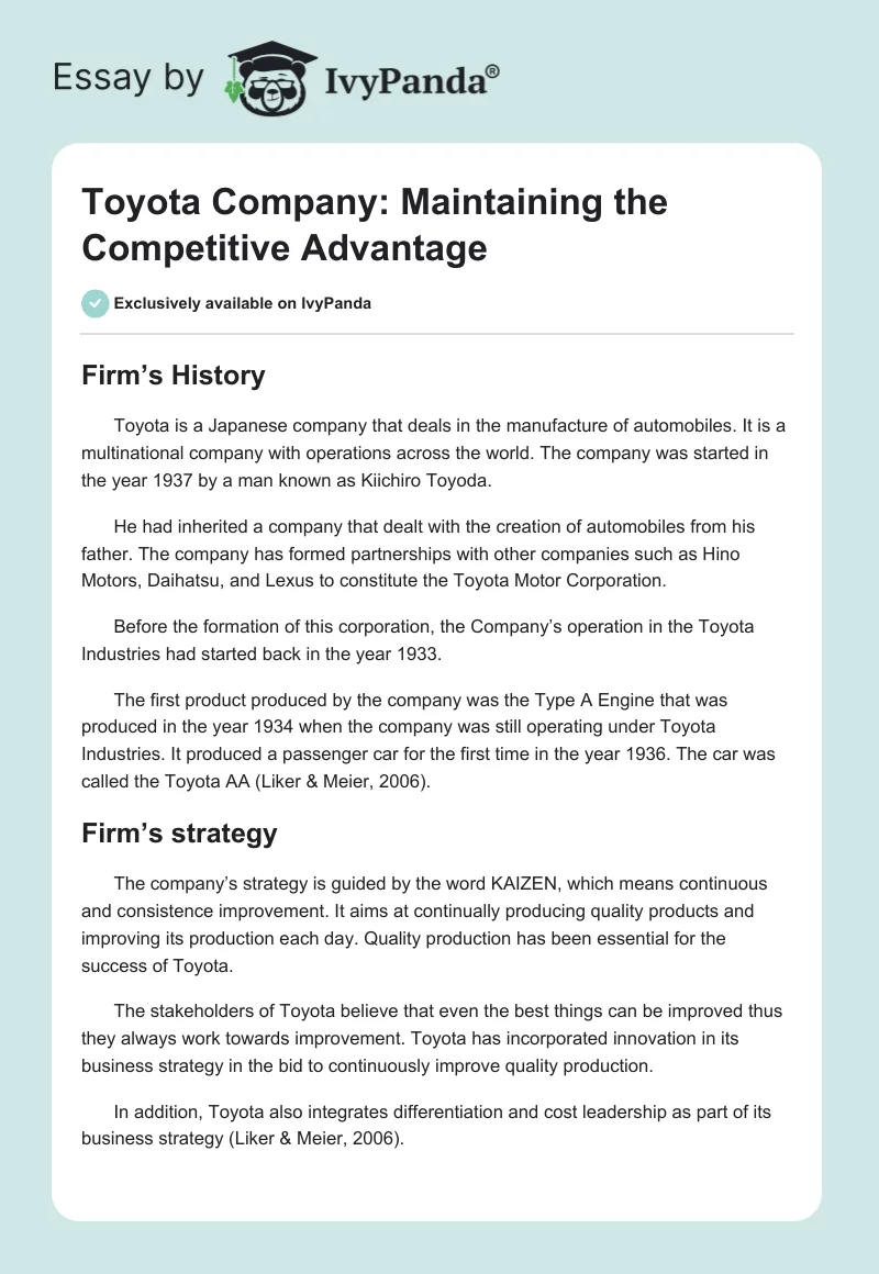 Toyota Company: Maintaining the Competitive Advantage. Page 1