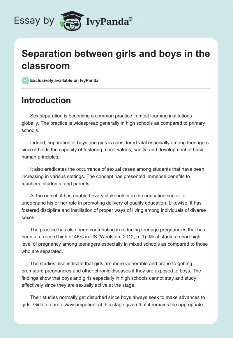 Separation Between Girls and Boys in the Classroom. Page 1