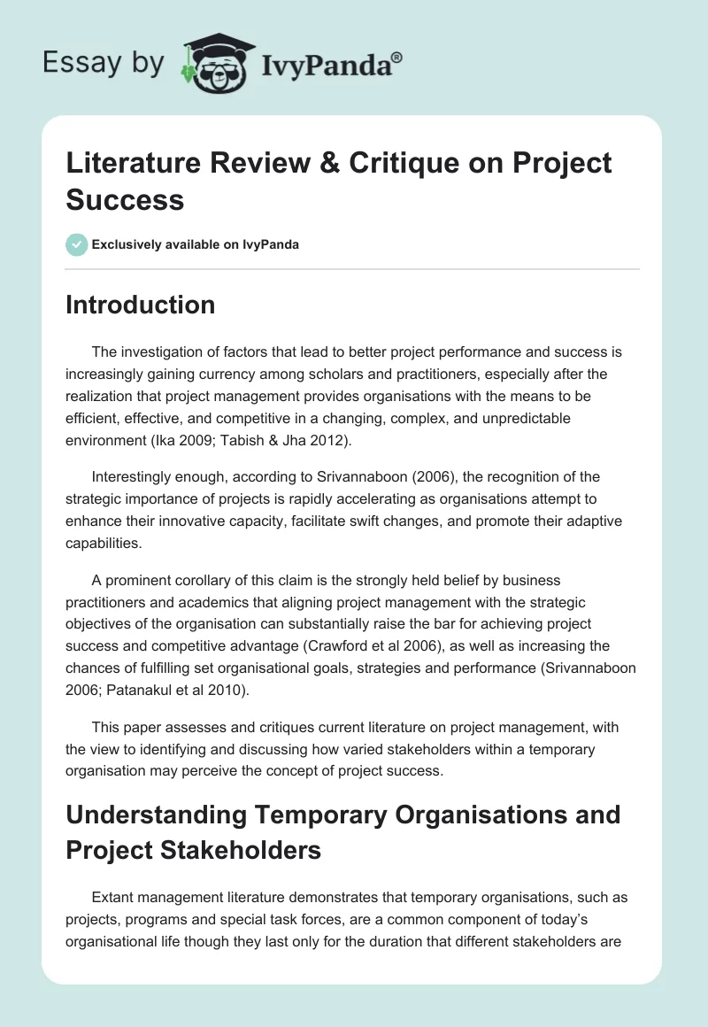Literature Review & Critique on Project Success. Page 1