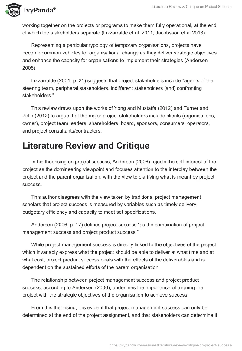Literature Review & Critique on Project Success - 2006 Words | Research ...