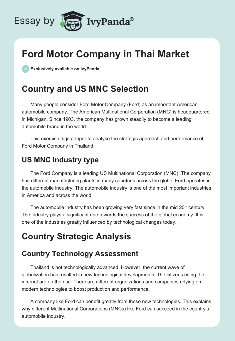 Ford Motor Company in Thai Market. Page 1