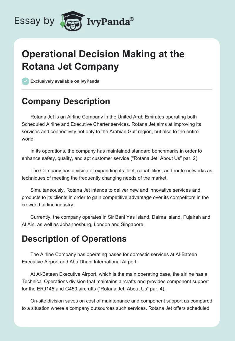 Operational Decision Making at the Rotana Jet Company. Page 1