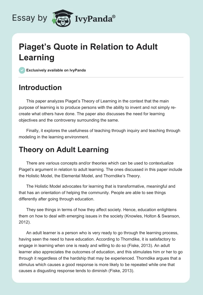 Piaget’s Quote in Relation to Adult Learning. Page 1