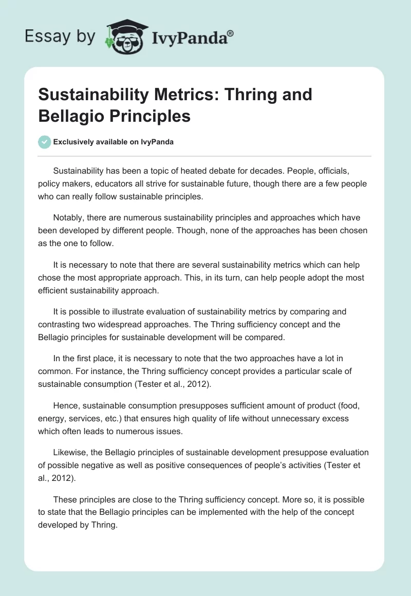 Sustainability Metrics: Thring and Bellagio Principles. Page 1