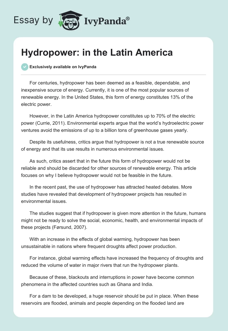 Hydropower: in the Latin America. Page 1