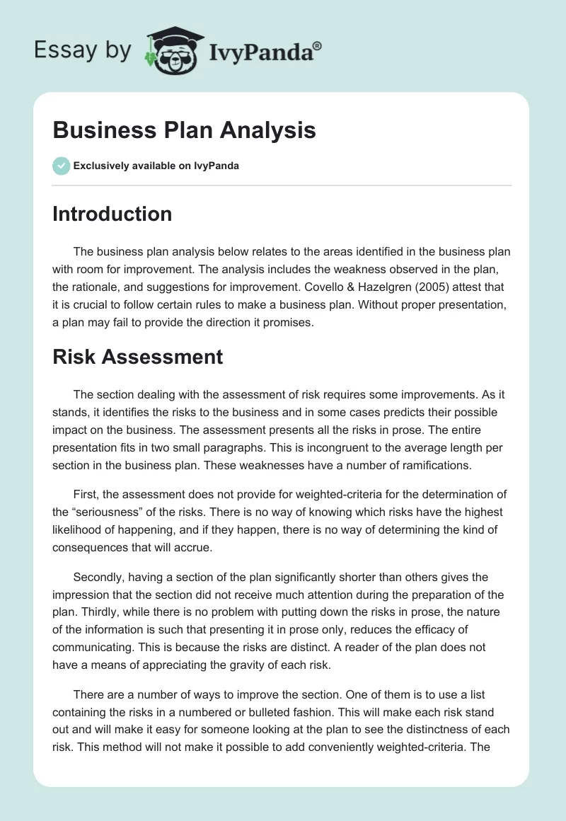 Business Plan Analysis. Page 1