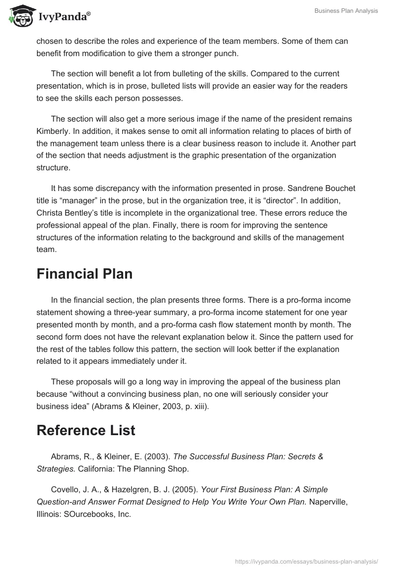 Business Plan Analysis. Page 4