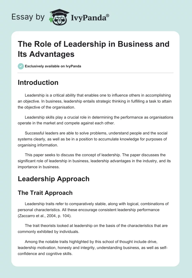 The Role of Leadership in Business and Its Advantages. Page 1