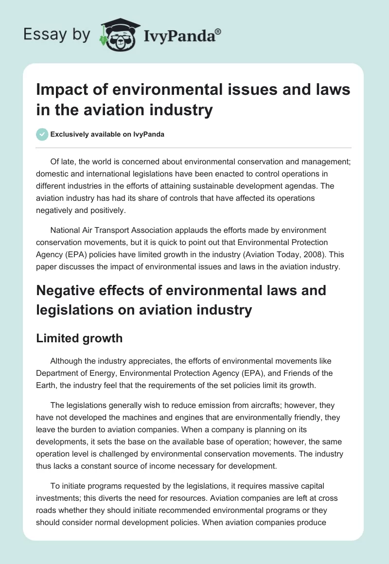 Impact of Environmental Issues and Laws in the Aviation Industry. Page 1