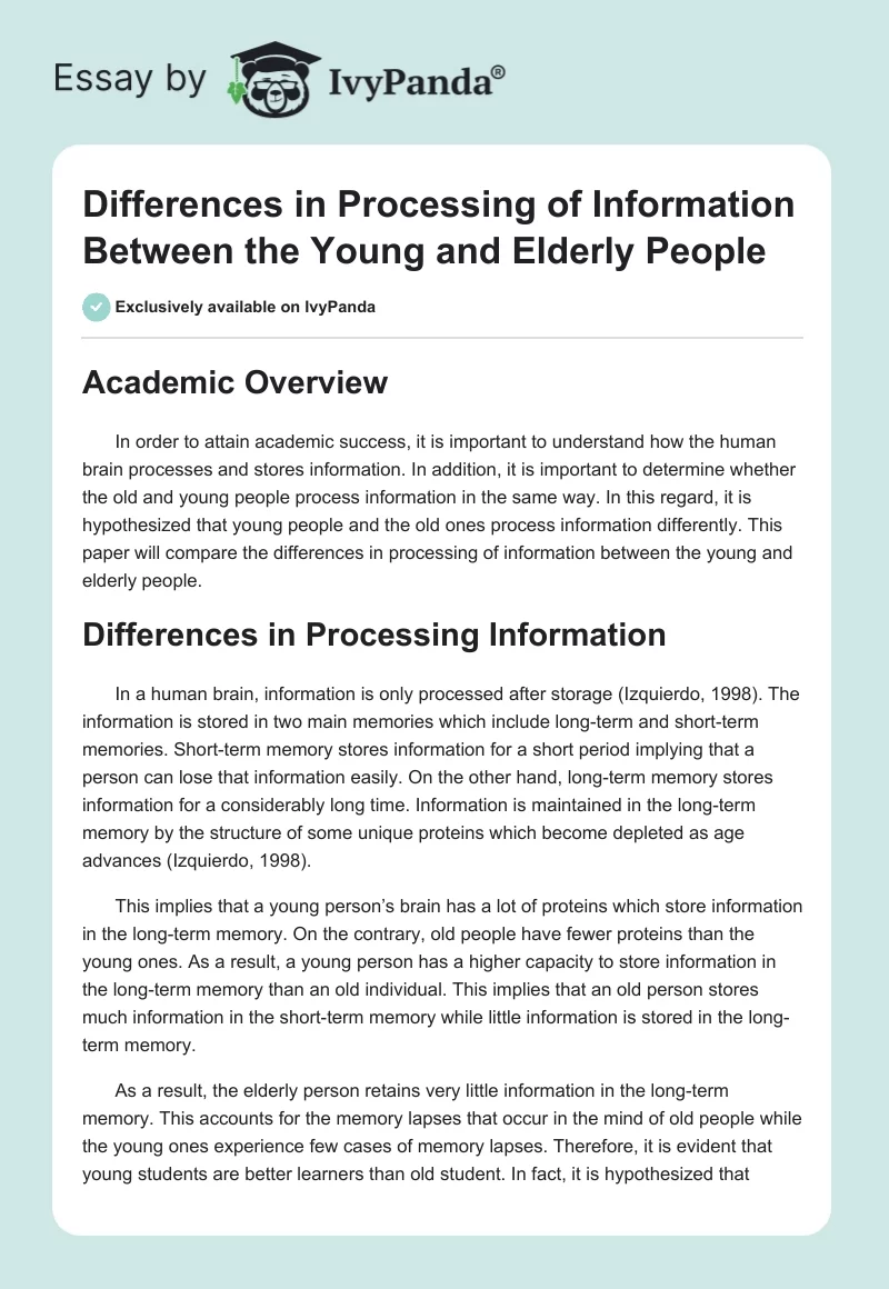 Differences in Processing of Information Between the Young and Elderly People. Page 1