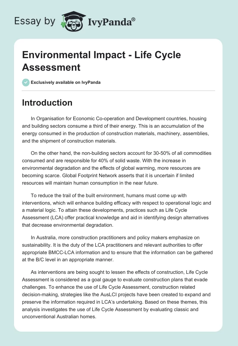 Environmental Impact - Life Cycle Assessment. Page 1