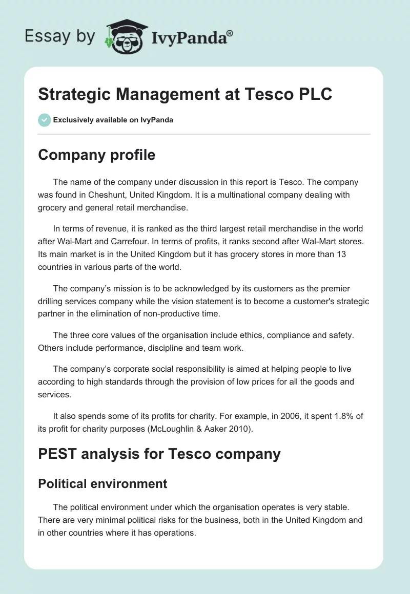 Strategic Management at Tesco PLC. Page 1