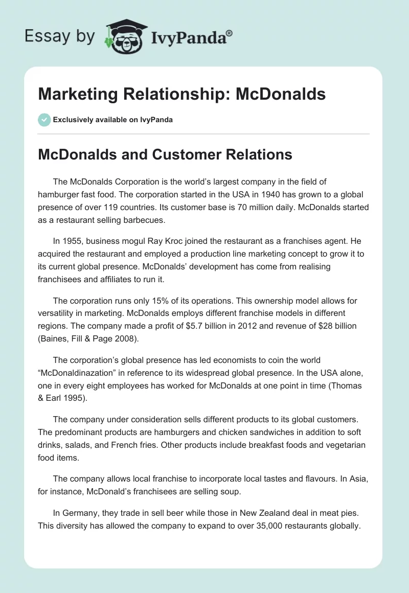 McDonald's Customer Relationship Management Evaluation Essay. Page 1