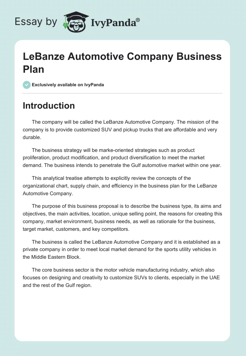 LeBanze Automotive Company Business Plan. Page 1