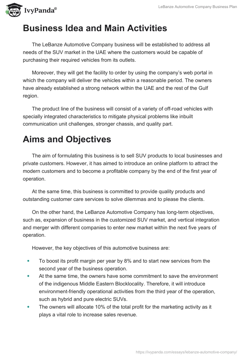 LeBanze Automotive Company Business Plan. Page 2