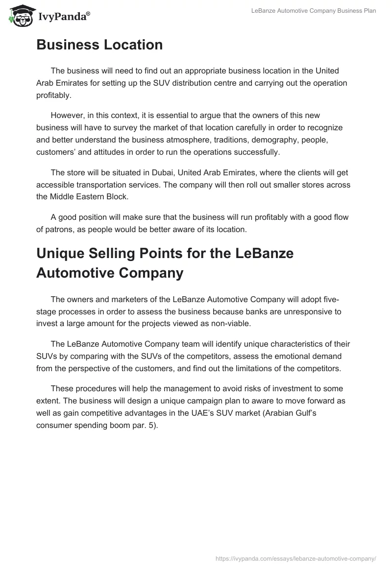 LeBanze Automotive Company Business Plan. Page 3