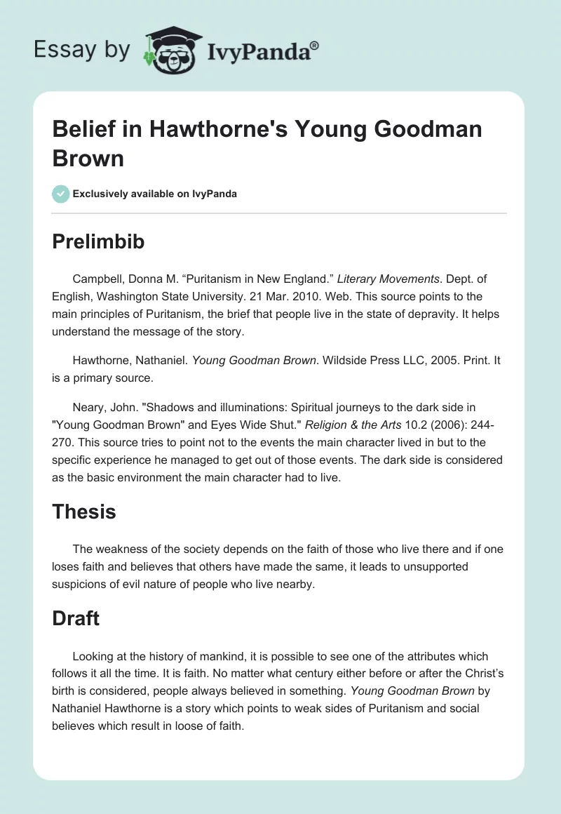 Belief in Hawthorne's "Young Goodman Brown". Page 1