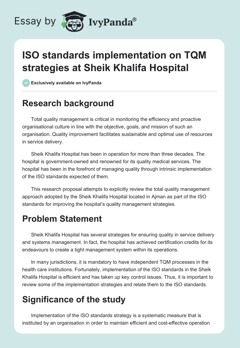 ISO Standards Implementation on TQM Strategies at Sheik Khalifa Hospital. Page 1