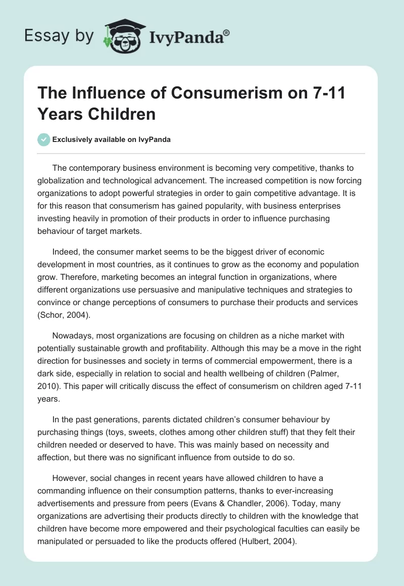 The Influence of Consumerism on 7-11 Years Children. Page 1