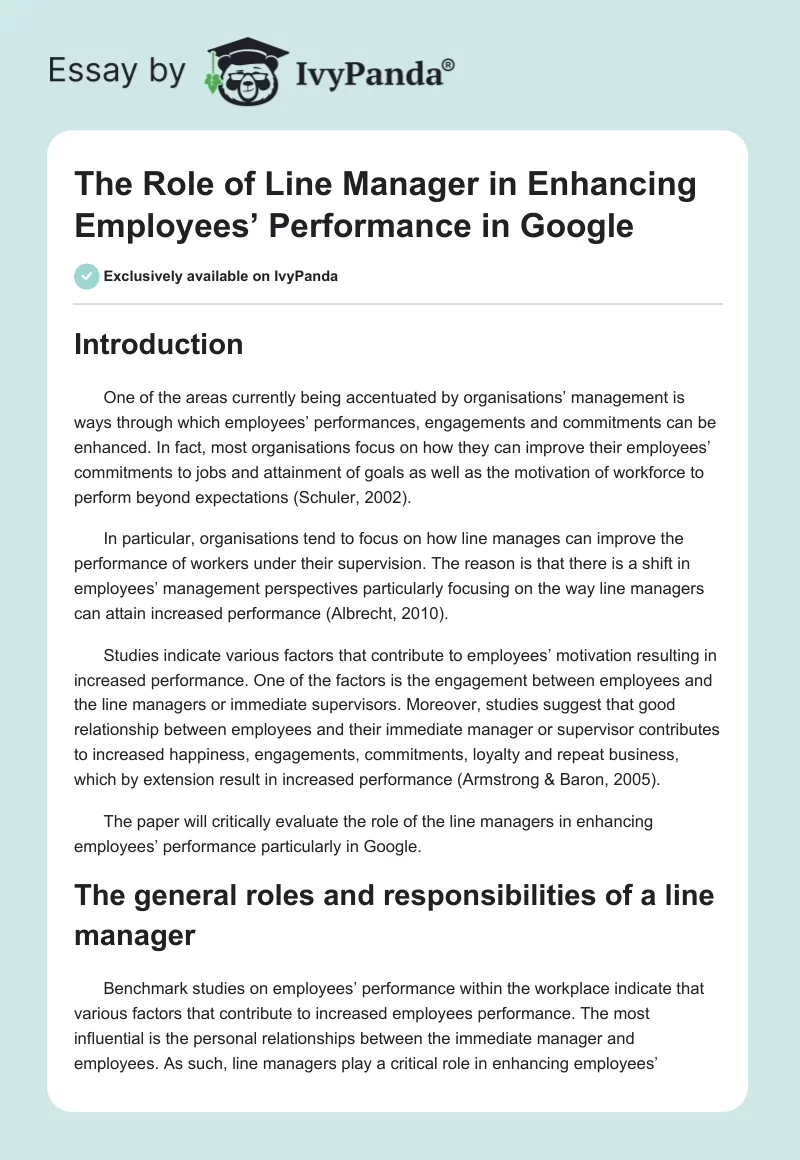 The Role of Line Manager in Enhancing Employees’ Performance in Google. Page 1