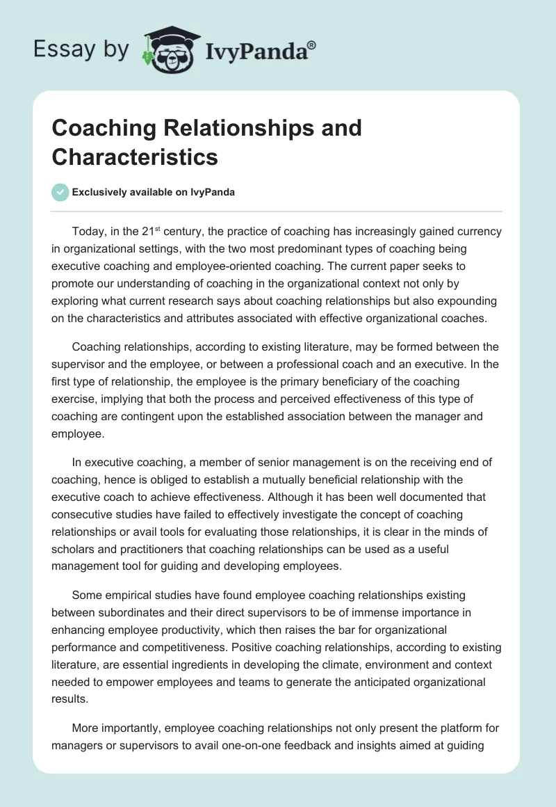 Coaching Relationships and Characteristics. Page 1