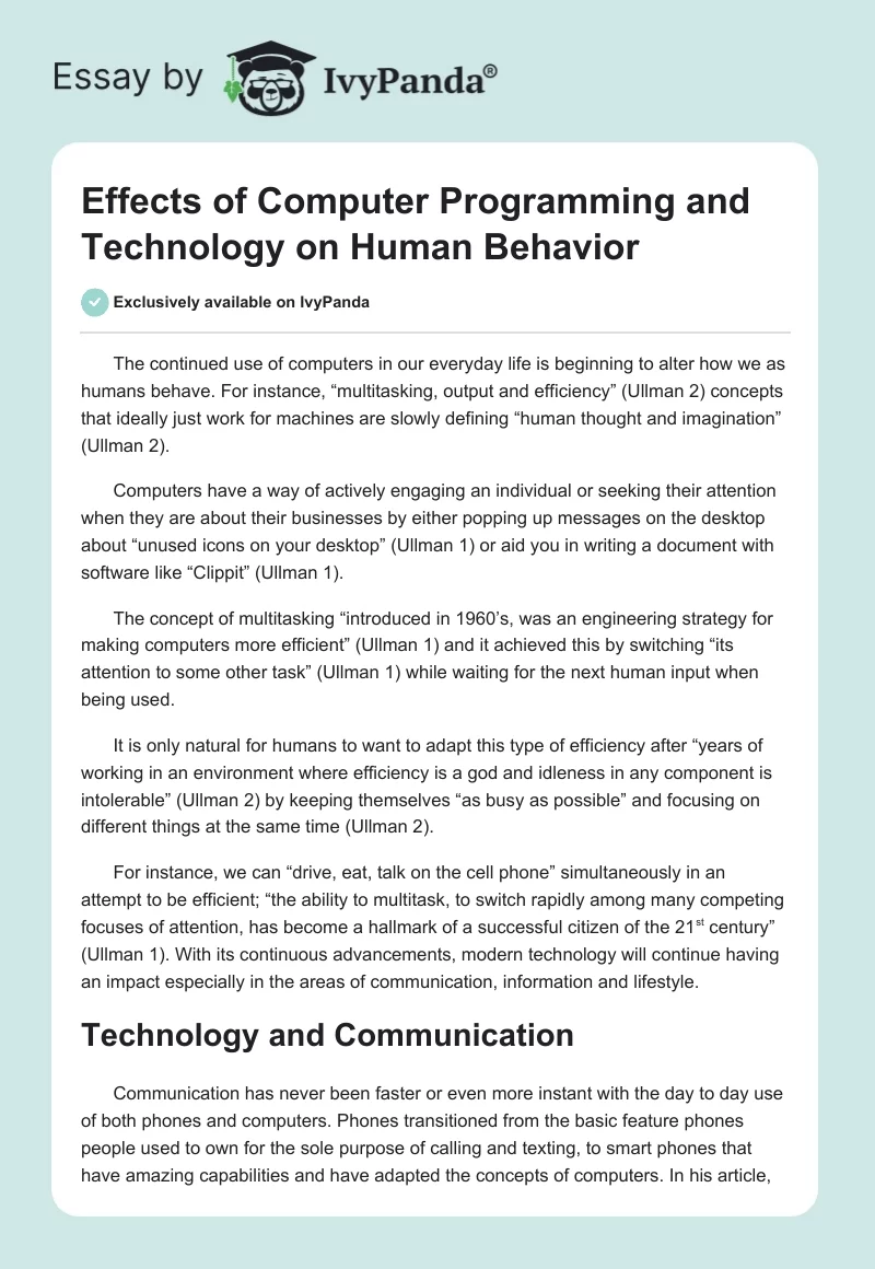 Effects of Computer Programming and Technology on Human Behavior. Page 1
