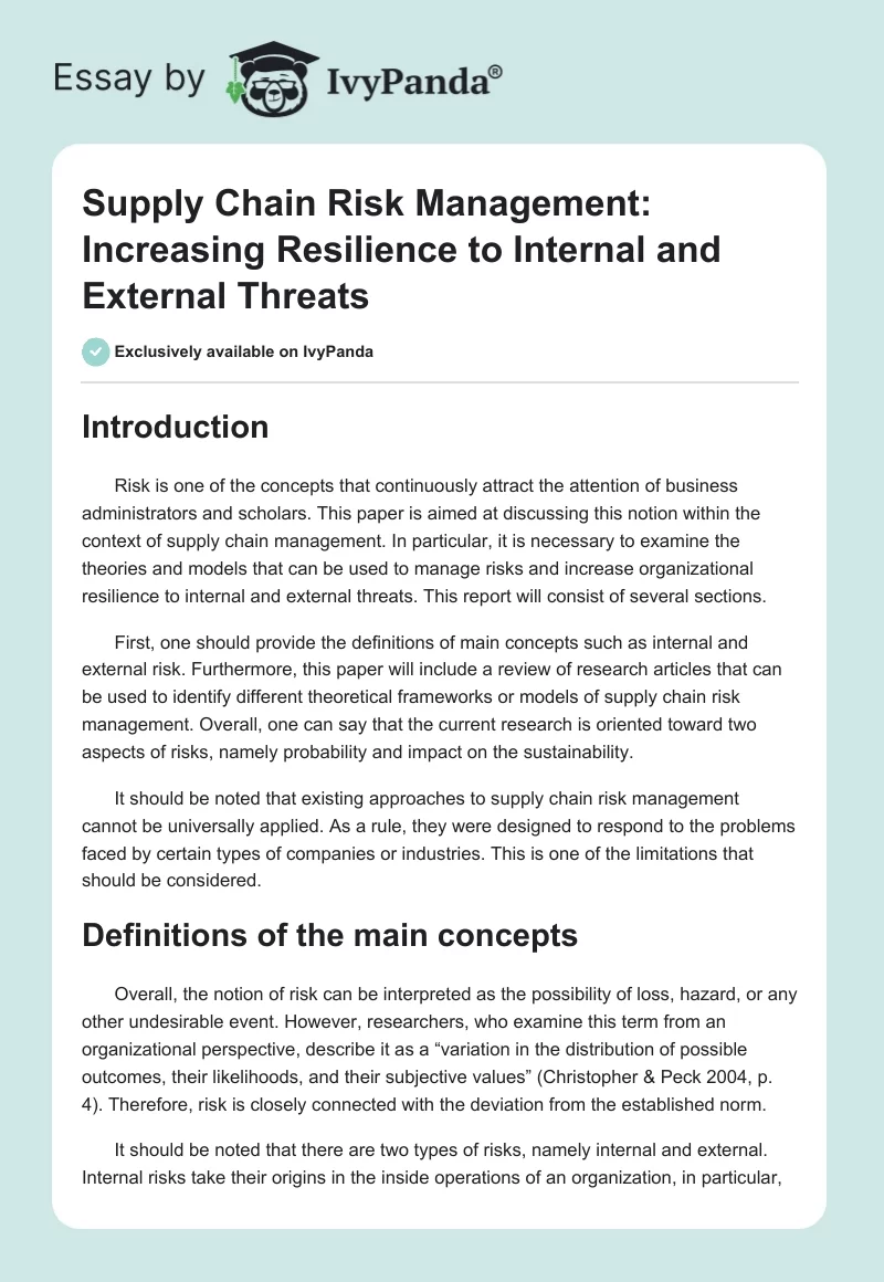 Supply Chain Risk Management: Increasing Resilience to Internal and External Threats. Page 1