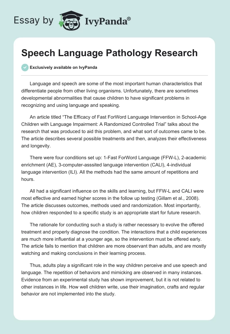 Speech Language Pathology Research. Page 1