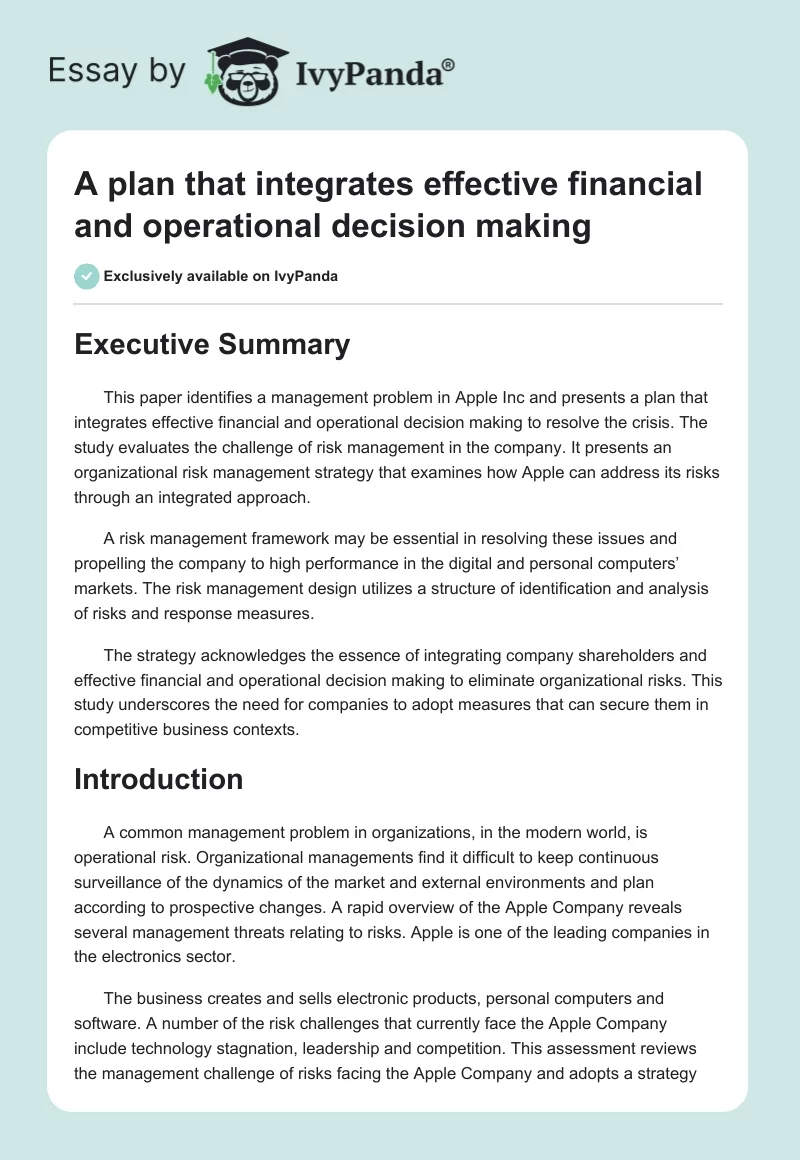 A plan that integrates effective financial and operational decision making. Page 1