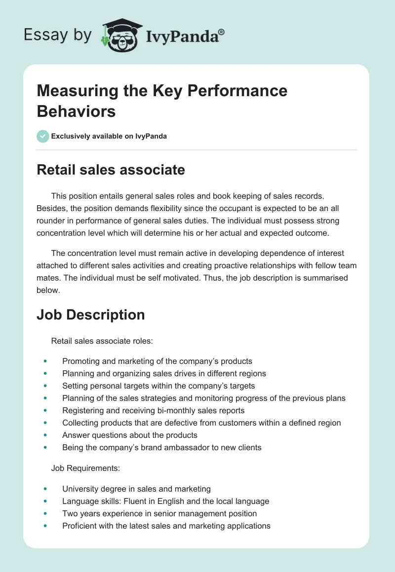 Measuring the Key Performance Behaviors. Page 1