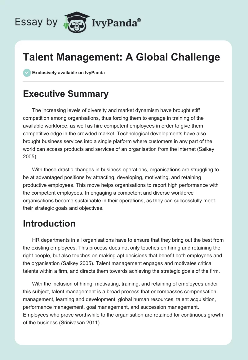 Talent Management: A Global Challenge - 2346 Words | Essay Example