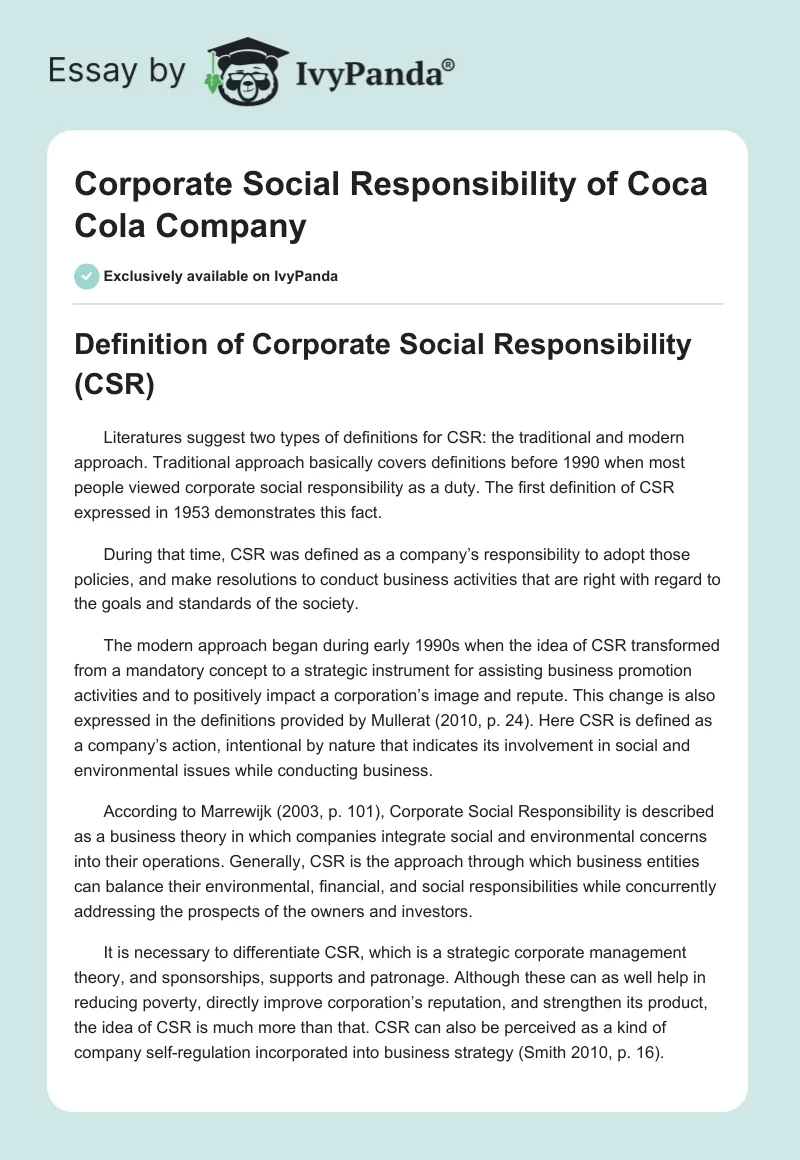 Corporate Social Responsibility of Coca Cola Company. Page 1