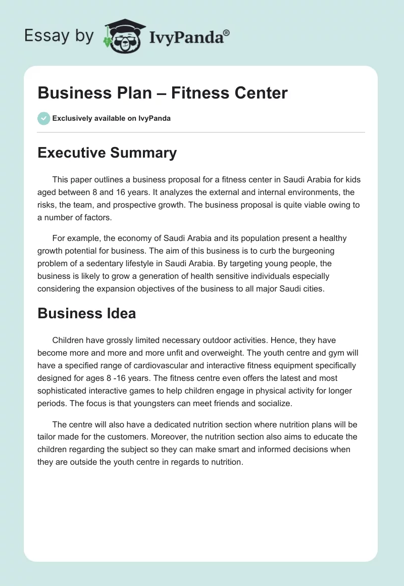 Business Plan – Fitness Center. Page 1