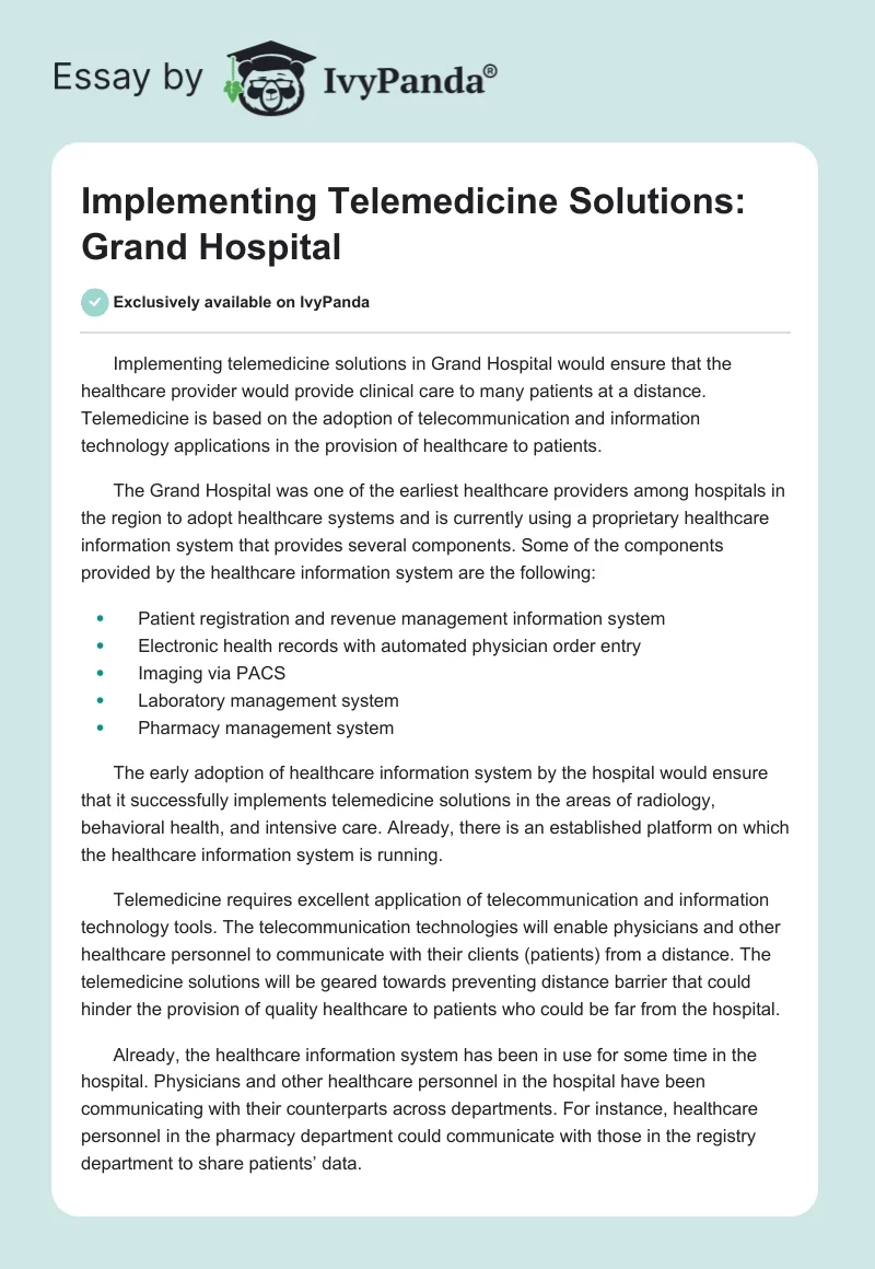 Implementing Telemedicine Solutions: Grand Hospital. Page 1